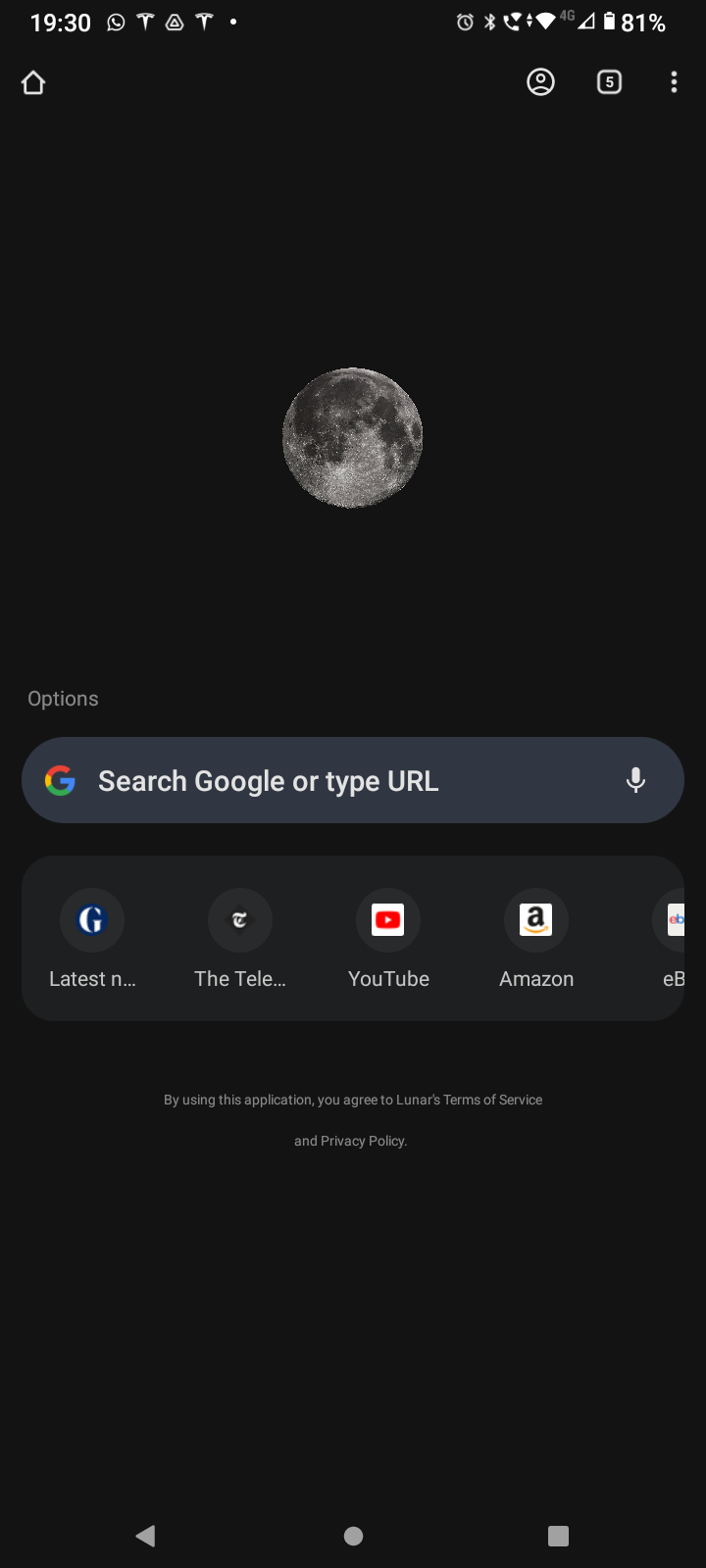 Lunar Browser New Tab Page